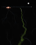 Abstract long-exposure delta night: braided volt river with whirlpool, red neon town on the horizon, blue train, paper moon