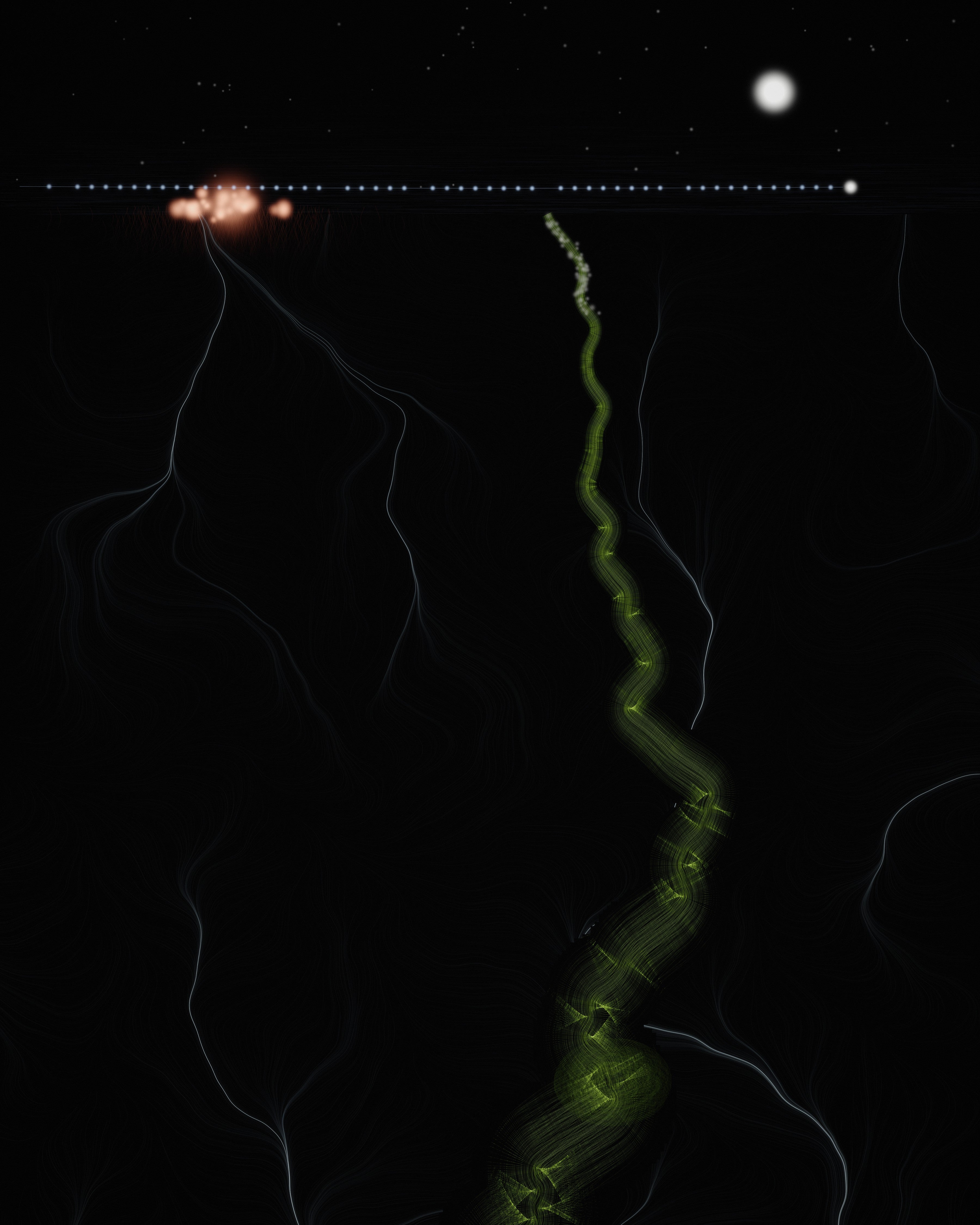 Abstract long-exposure delta night: braided volt river with whirlpool, red neon town on the horizon, blue train, paper moon