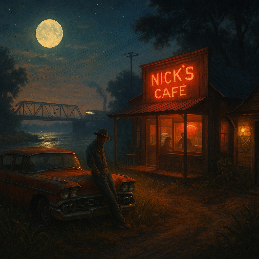 Painterly night scene: red neon cafe sign, 1950s Chevrolet in tall grass, railroad bridge over a moonlit river