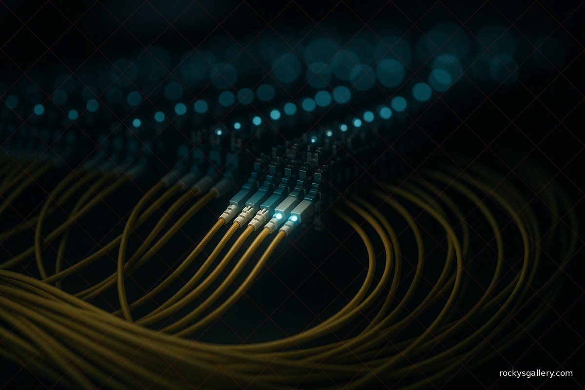 Network patch panel with yellow ethernet cables and illuminated blue connection points in dark server room setting