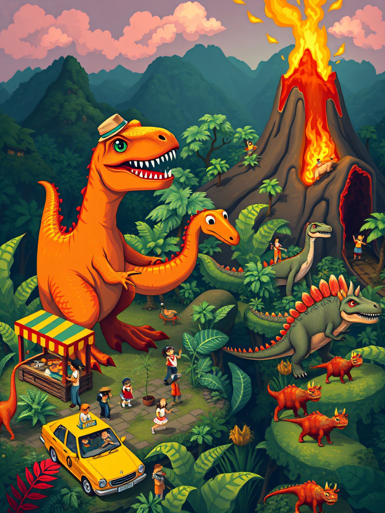 A playful dinosaur island seek-and-find scene